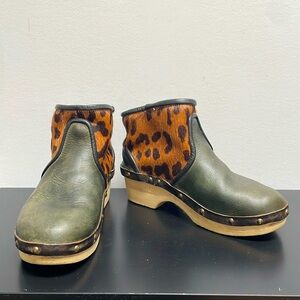 Rosa Mosa Leather Short Boots Clogs Vienna Leopard Green Studs Slip On 36 5.5